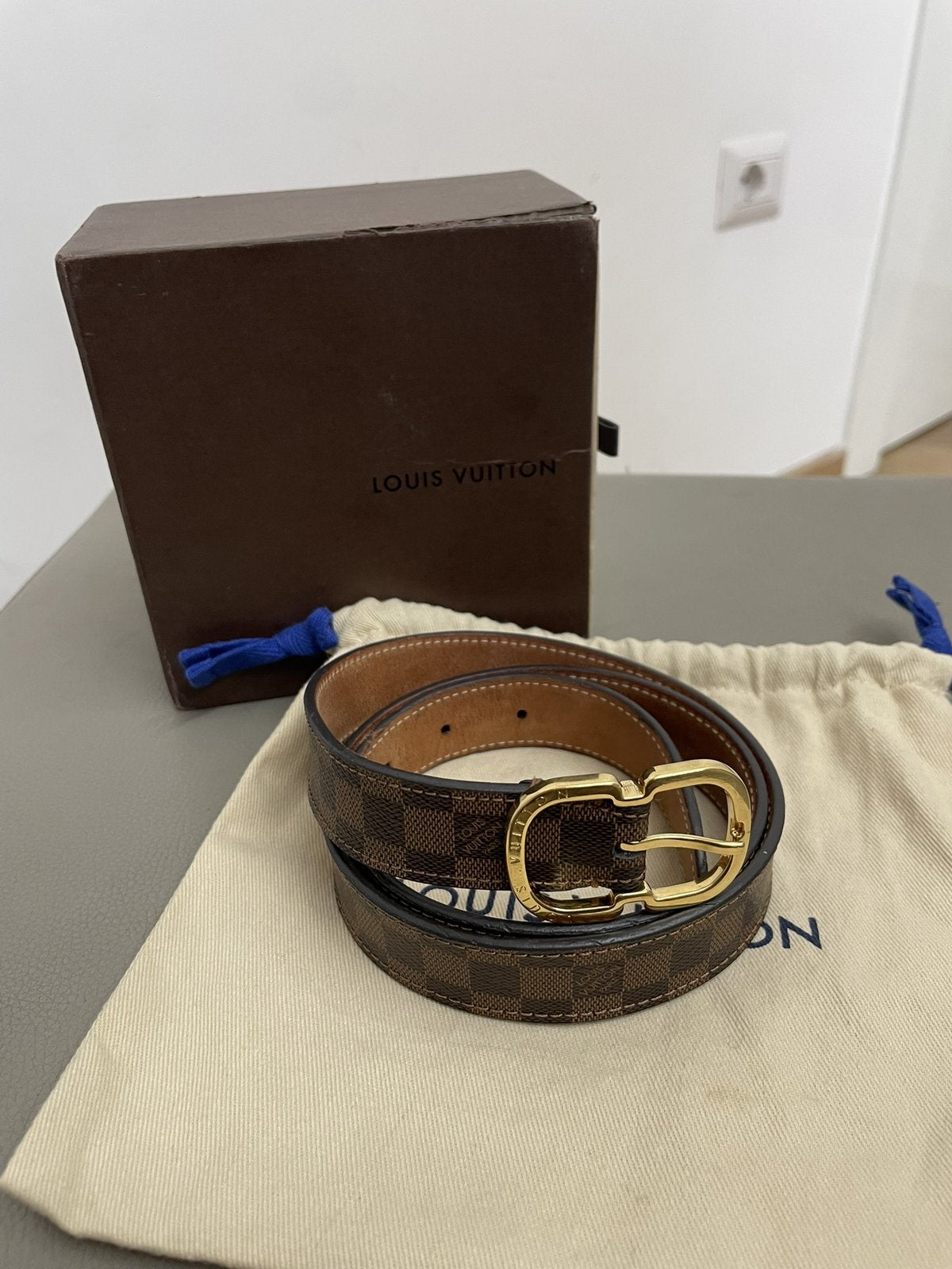 Cintura Louis Vuitton M9744 Damier Ebene completa di scatola originale marrone e sacchetto antipolvere