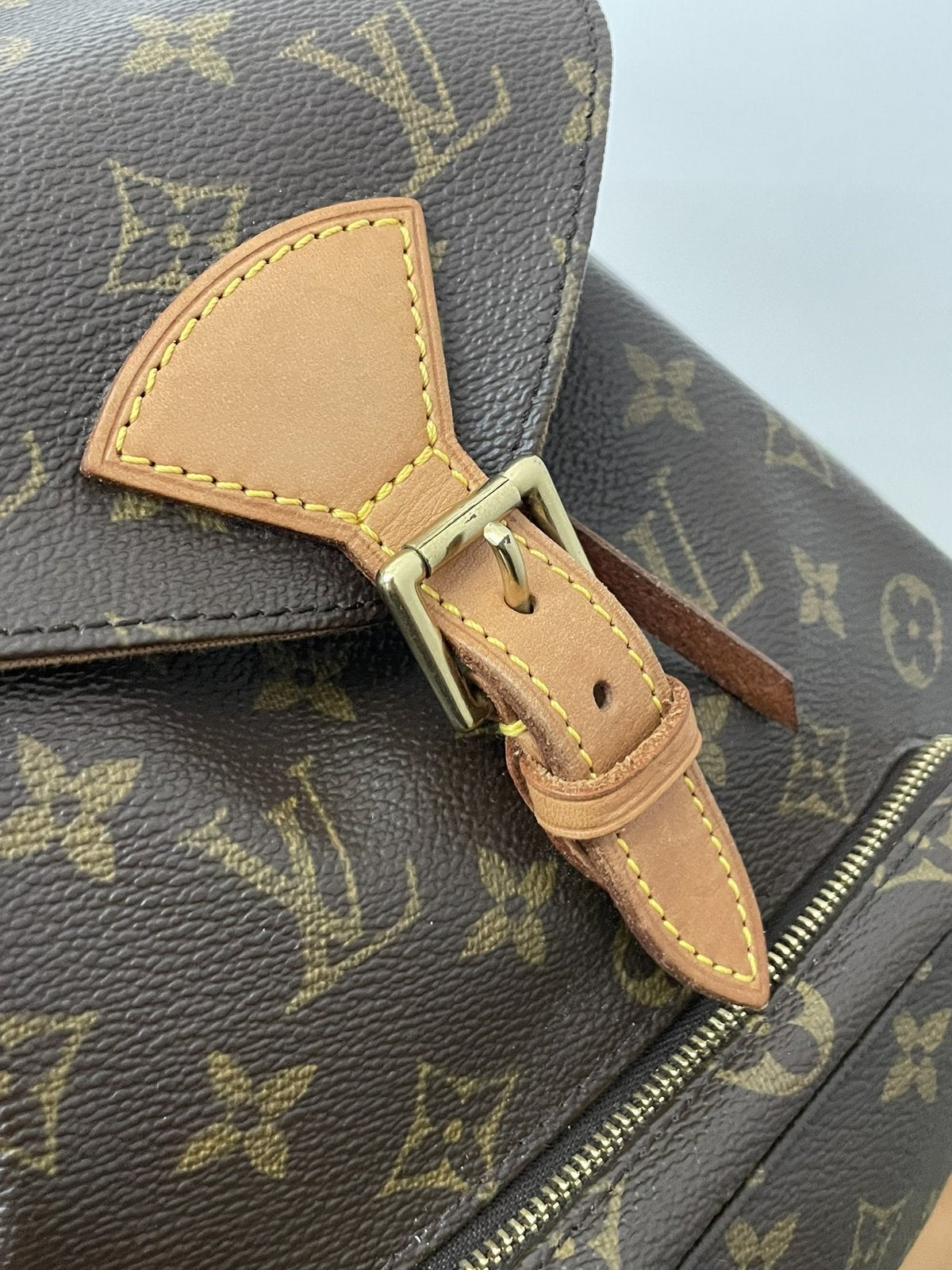 Zaino Louis Vuitton Montsouris MM Monogram originale usato, focalizzazione sulla fibia di chiusura