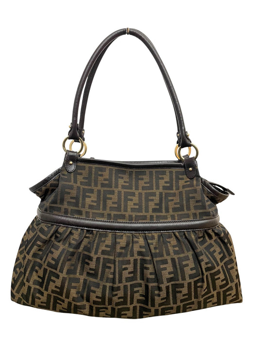 Vista d'insieme frontale della borsa vintage Fendi Chef Large in tessuto Zucca tabacco.