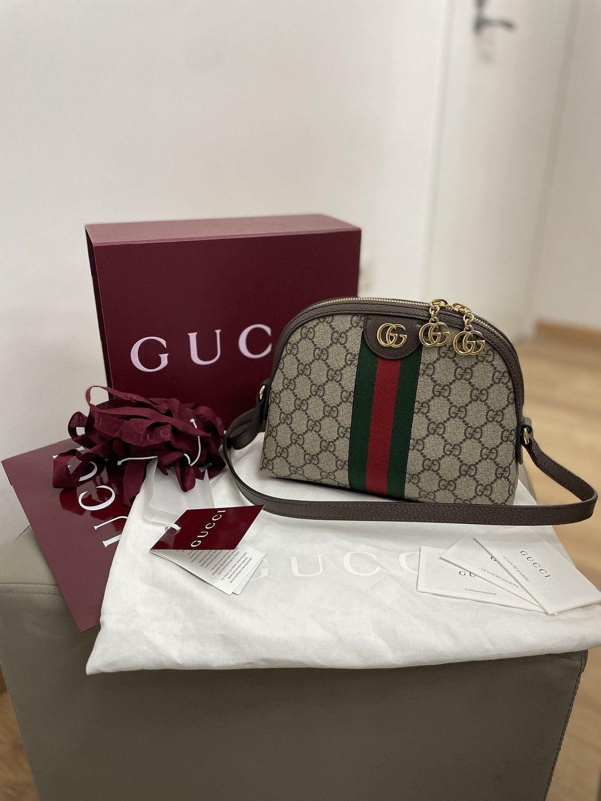 Borsa Gucci Ophidia GG Small con scatola originale bordeaux, dustbag e cartellini.