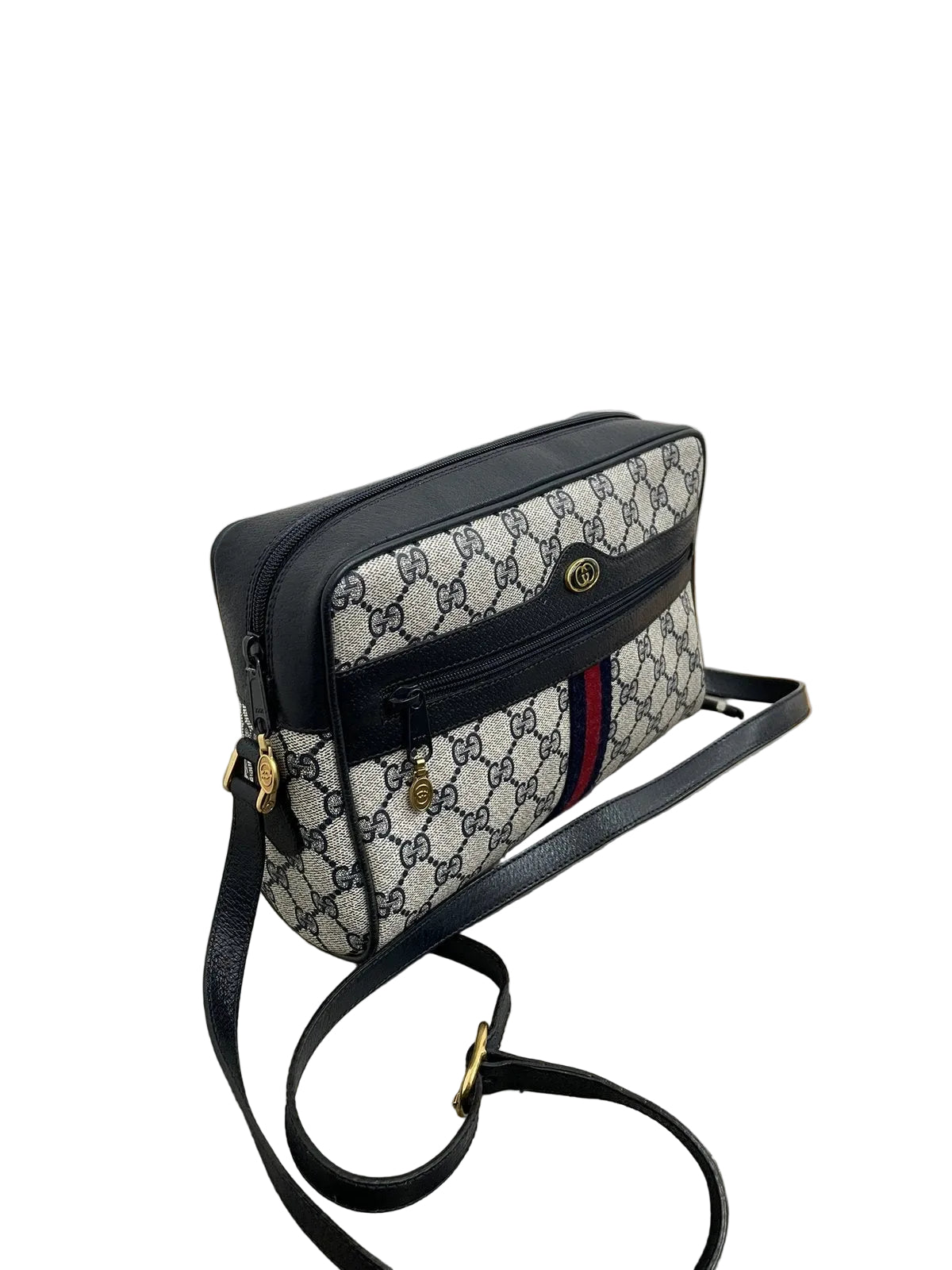 Borsa fotografica vintage Gucci Ophidia blu navy con tracolla vista di tre quarti