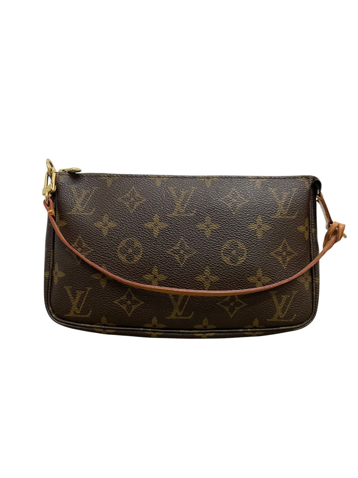 Borsa Louis Vuitton Pochette Accessoires in tela canvas monogram marrone con manico in vacchetta su sfondo bianco