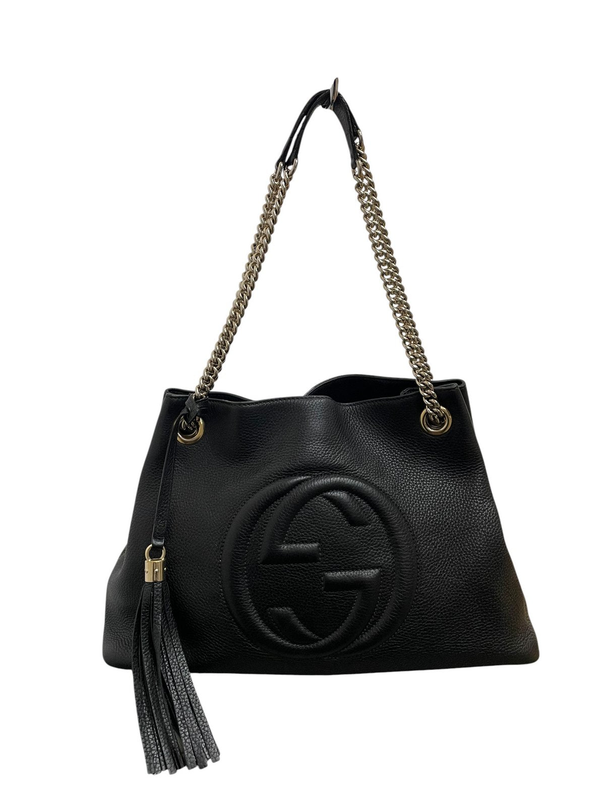 Borsa a spalla Gucci Soho Chain Medium in pelle martellata nera con logo Interlocking GG e nappa tassel