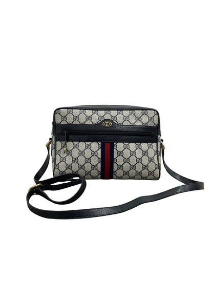 Borsa a tracolla Gucci Vintage Ophidia Camera Bag in tela GG Supreme blu navy vista frontale