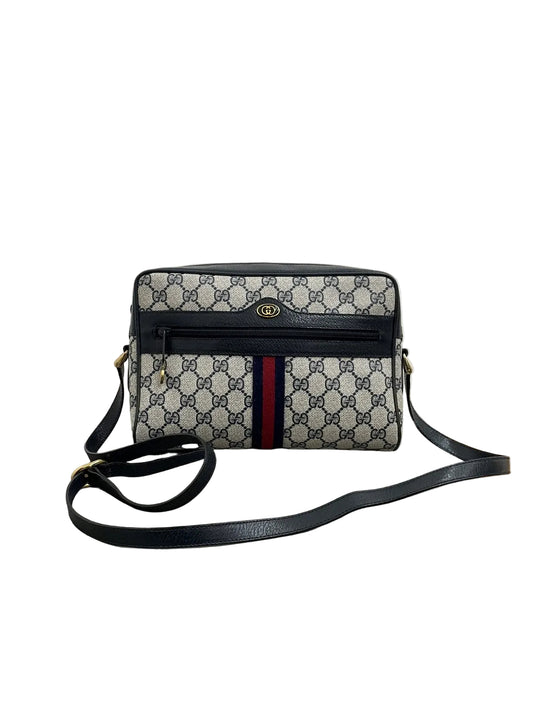 Borsa a tracolla Gucci Vintage Ophidia Camera Bag in tela GG Supreme blu navy vista frontale
