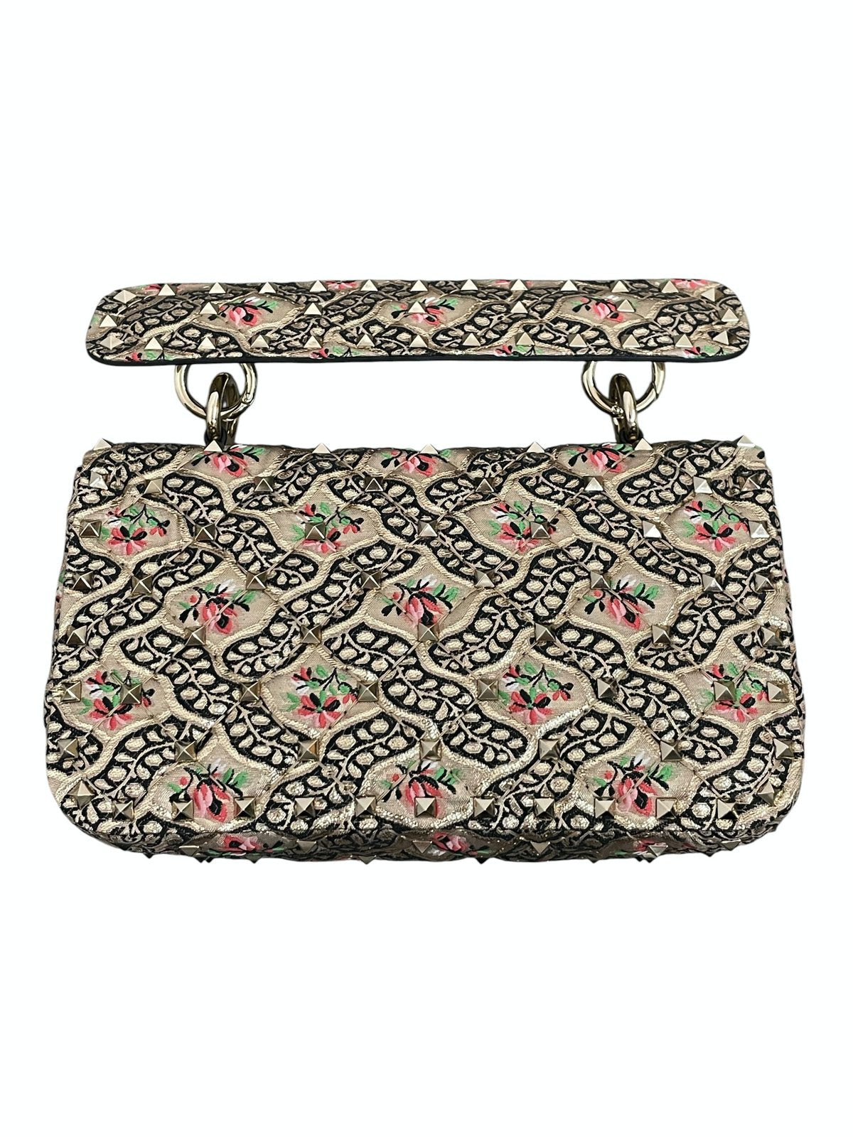 Vista posteriore della borsa piccola Valentino Garavani Rockstud Spike in tessuto jacquard Papier Floral con motivo floreale continuo e borchie platino.