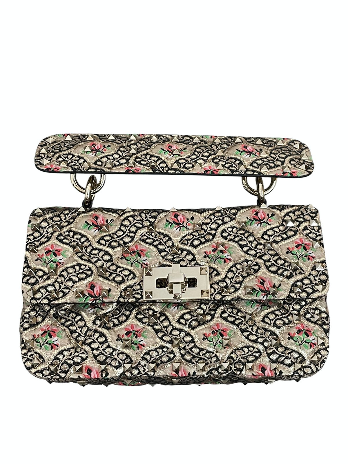 Vista frontale della borsa piccola Valentino Garavani Rockstud Spike in tessuto jacquard Papier Floral con manico superiore rimovibile e borchie platino.