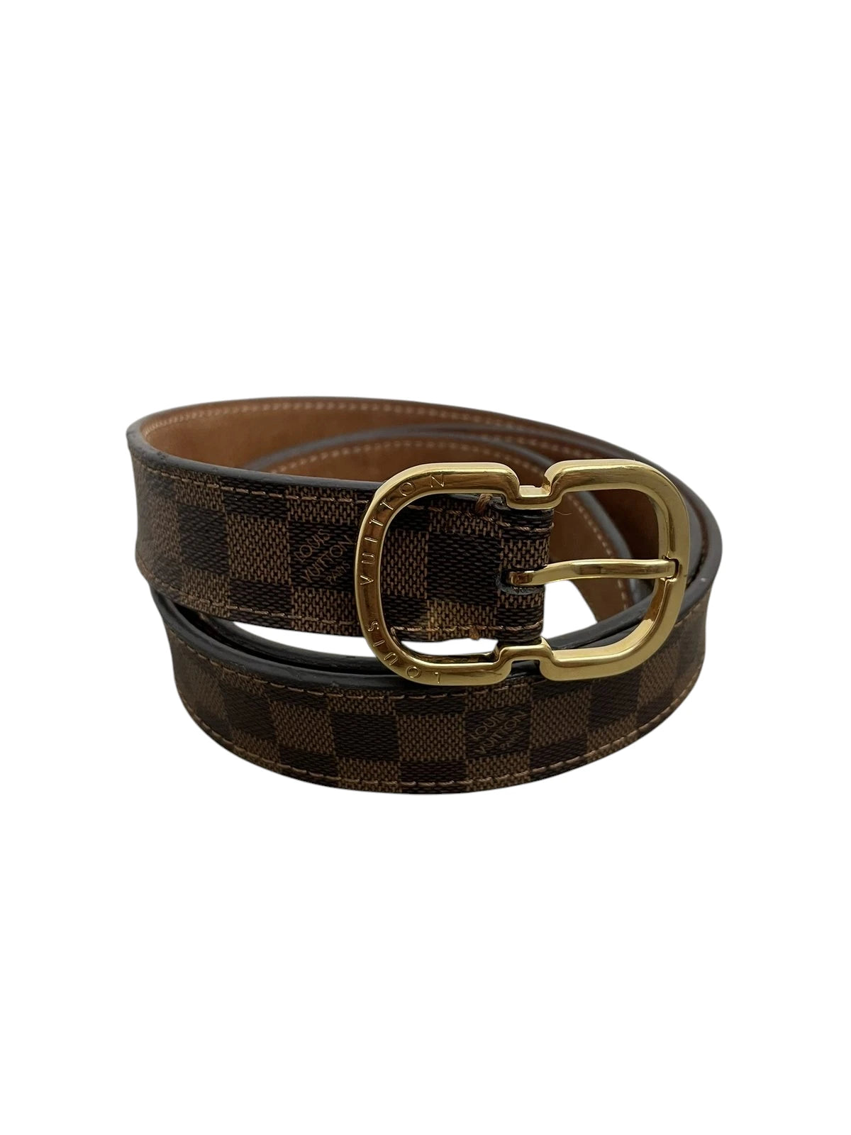 Cintura Louis Vuitton Ceinture Mini M9744 in tela Damier Ebene arrotolata vista frontale.