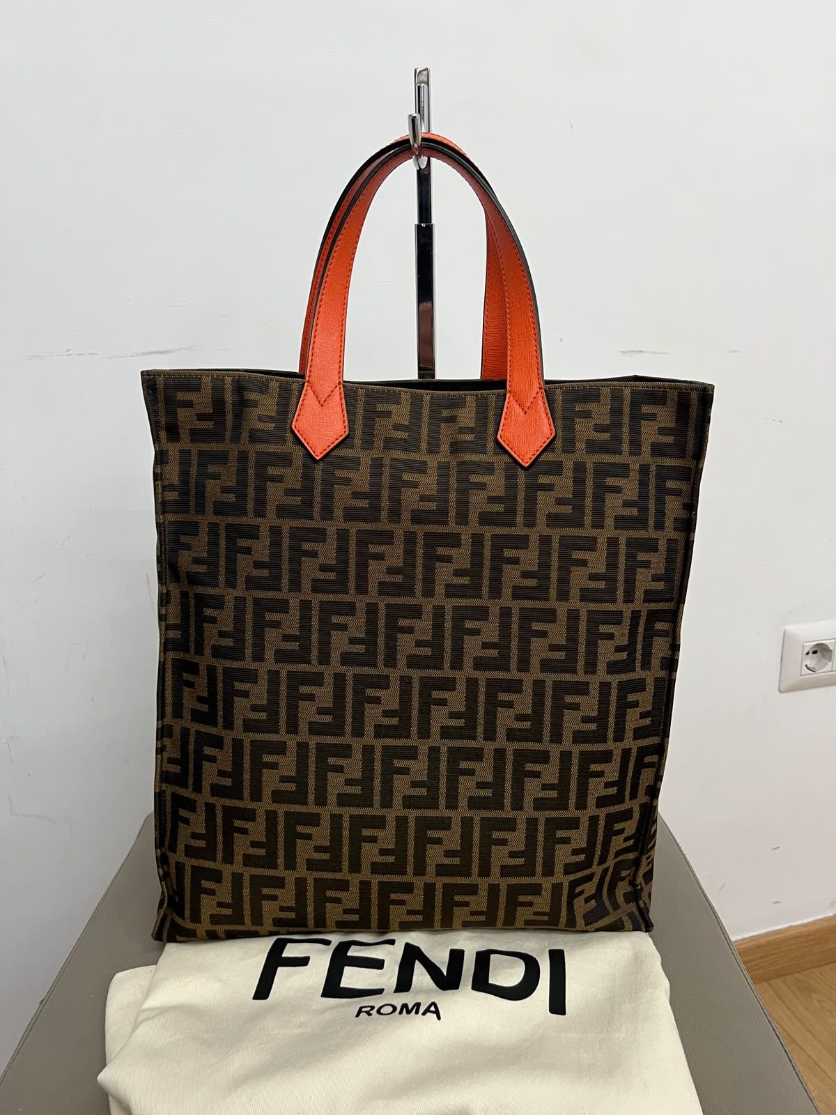 Fendi tote bag FF Zucca jacquard con manici arancione e dustbag