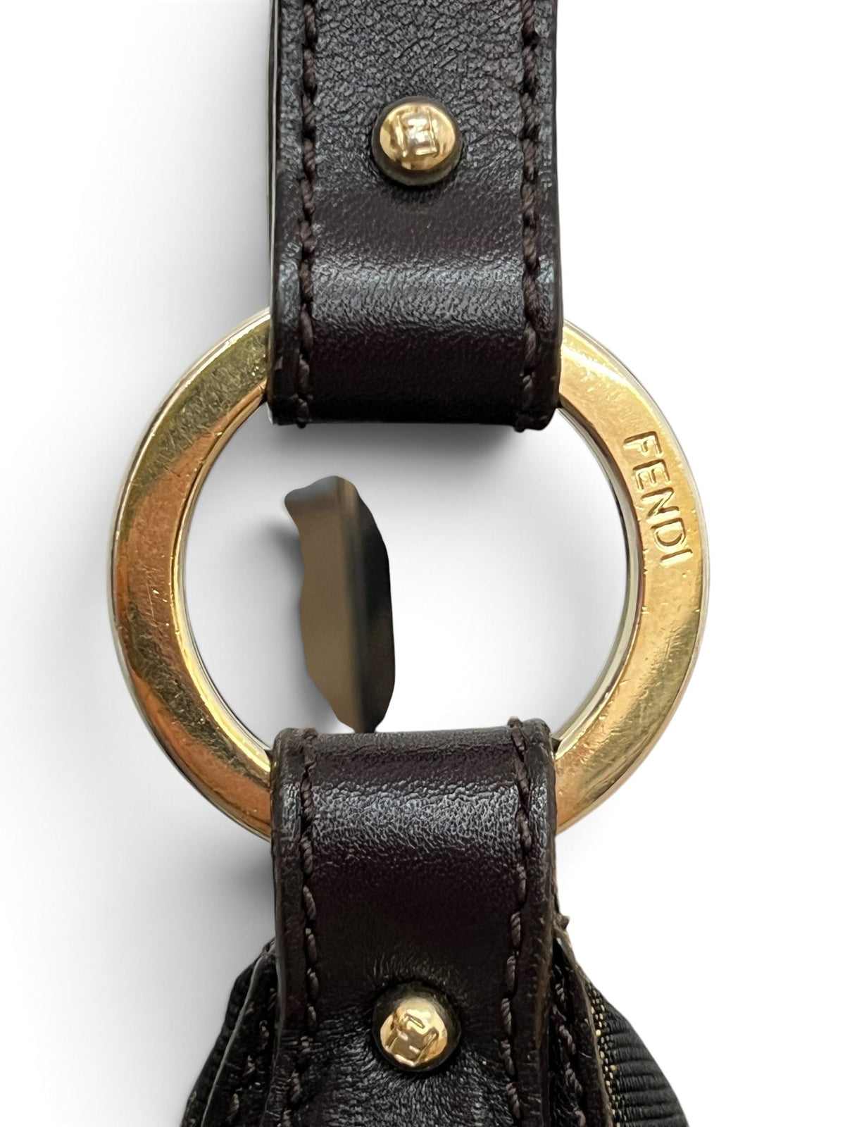 Dettaglio anello dorato con scritta Fendi borsa Zucca