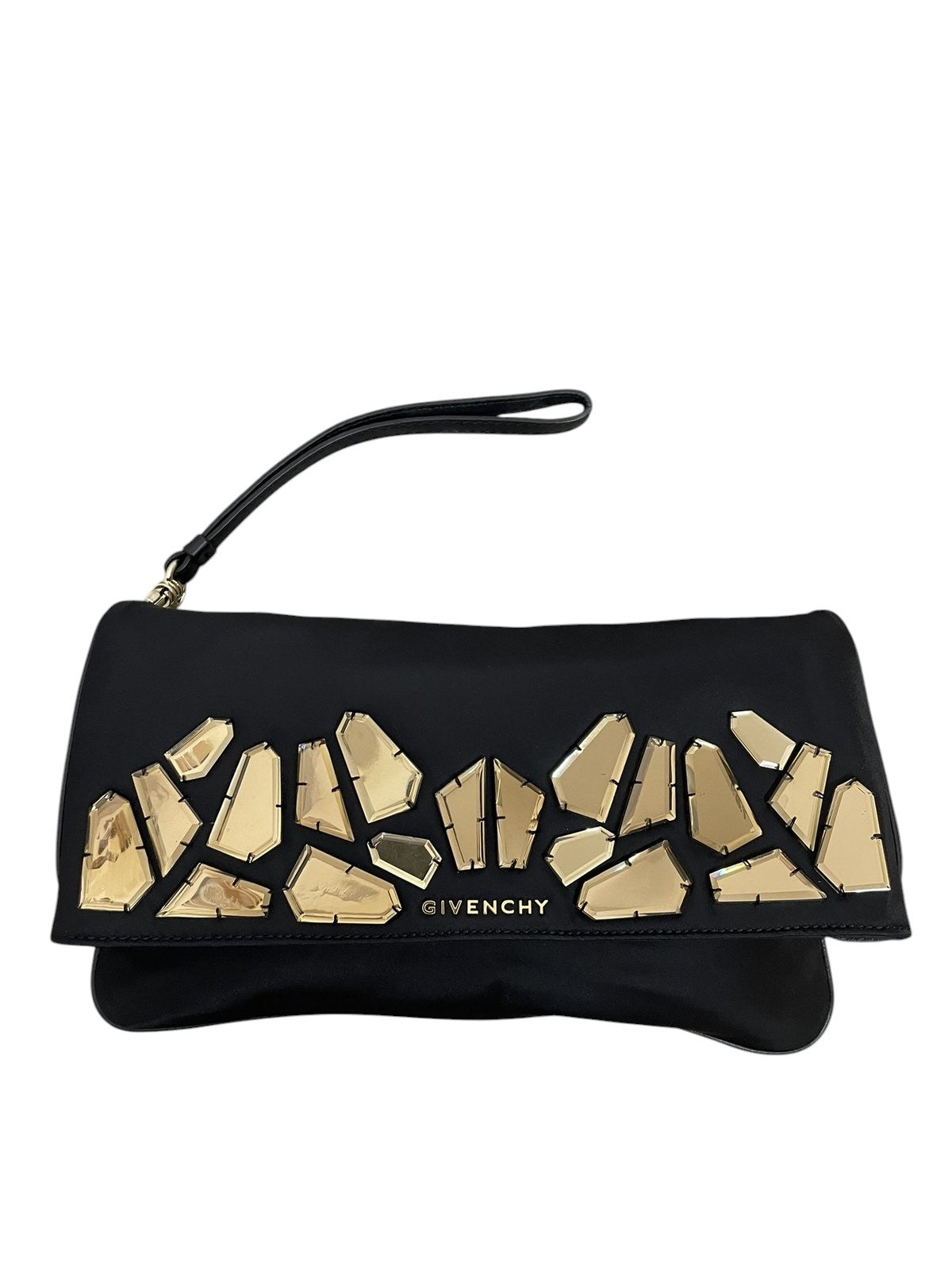 Clutch Givenchy nylon nera con decorazioni specchio dorato fronte