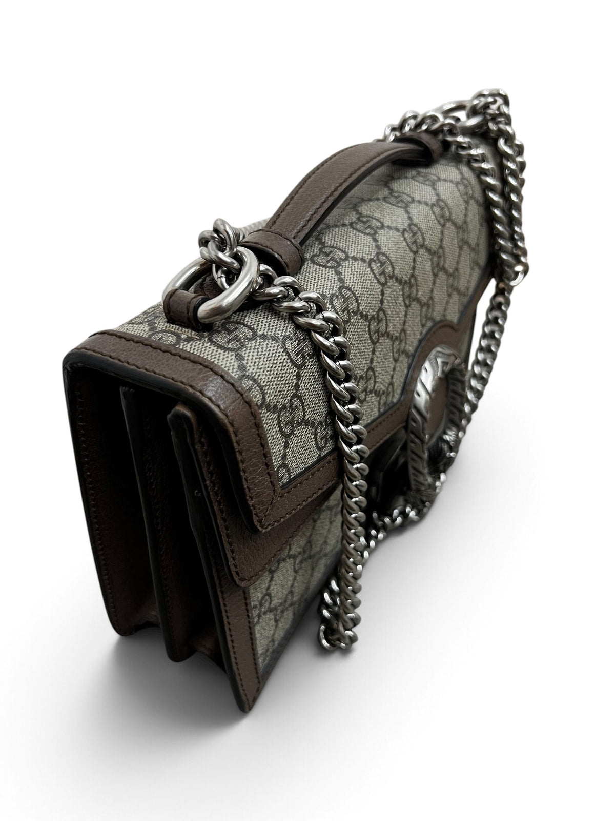 Gucci Dionysus Small GG Supreme angolo sinistro con catena