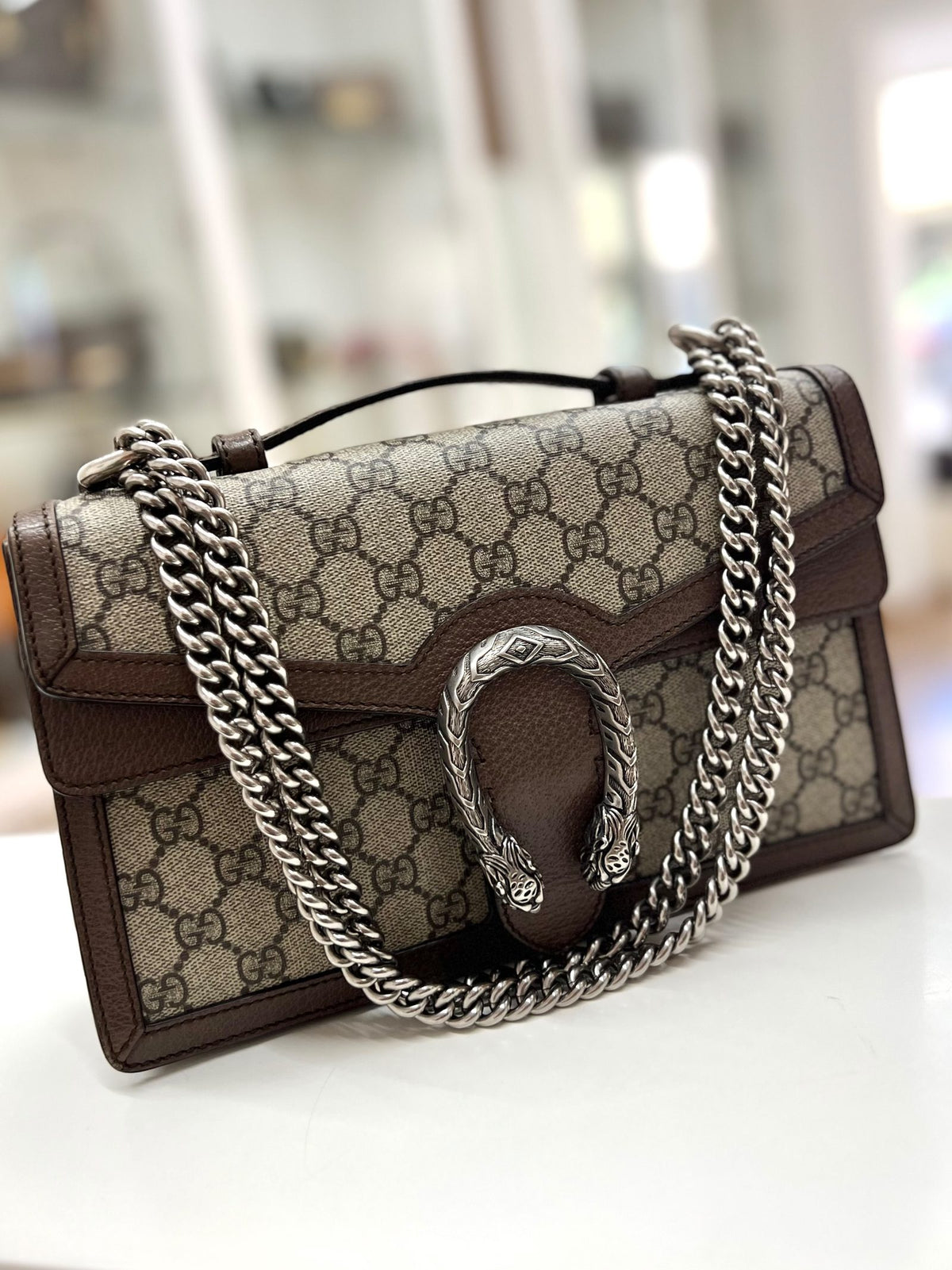 Gucci Dionysus Small GG Supreme su superficie bianca display