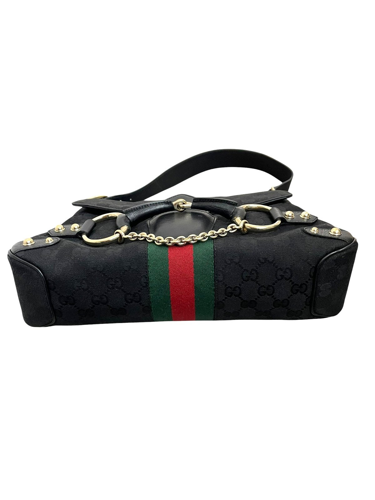 Gucci Horsebit borsa a spalla in tela GG nera e fascia web - AgeVintage