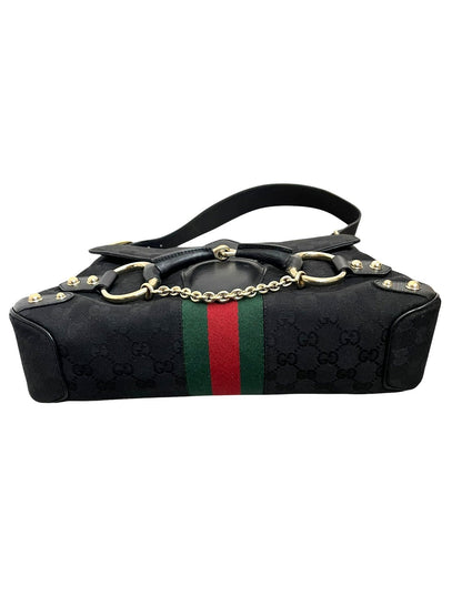 Gucci Horsebit borsa a spalla in tela GG nera e fascia web - AgeVintage