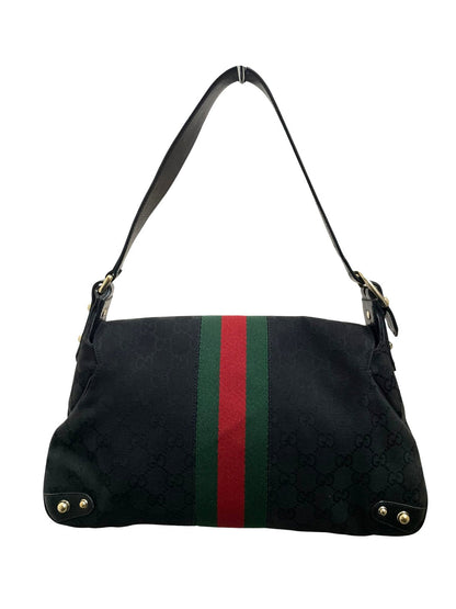 Gucci Horsebit borsa a spalla in tela GG nera e fascia web - AgeVintage