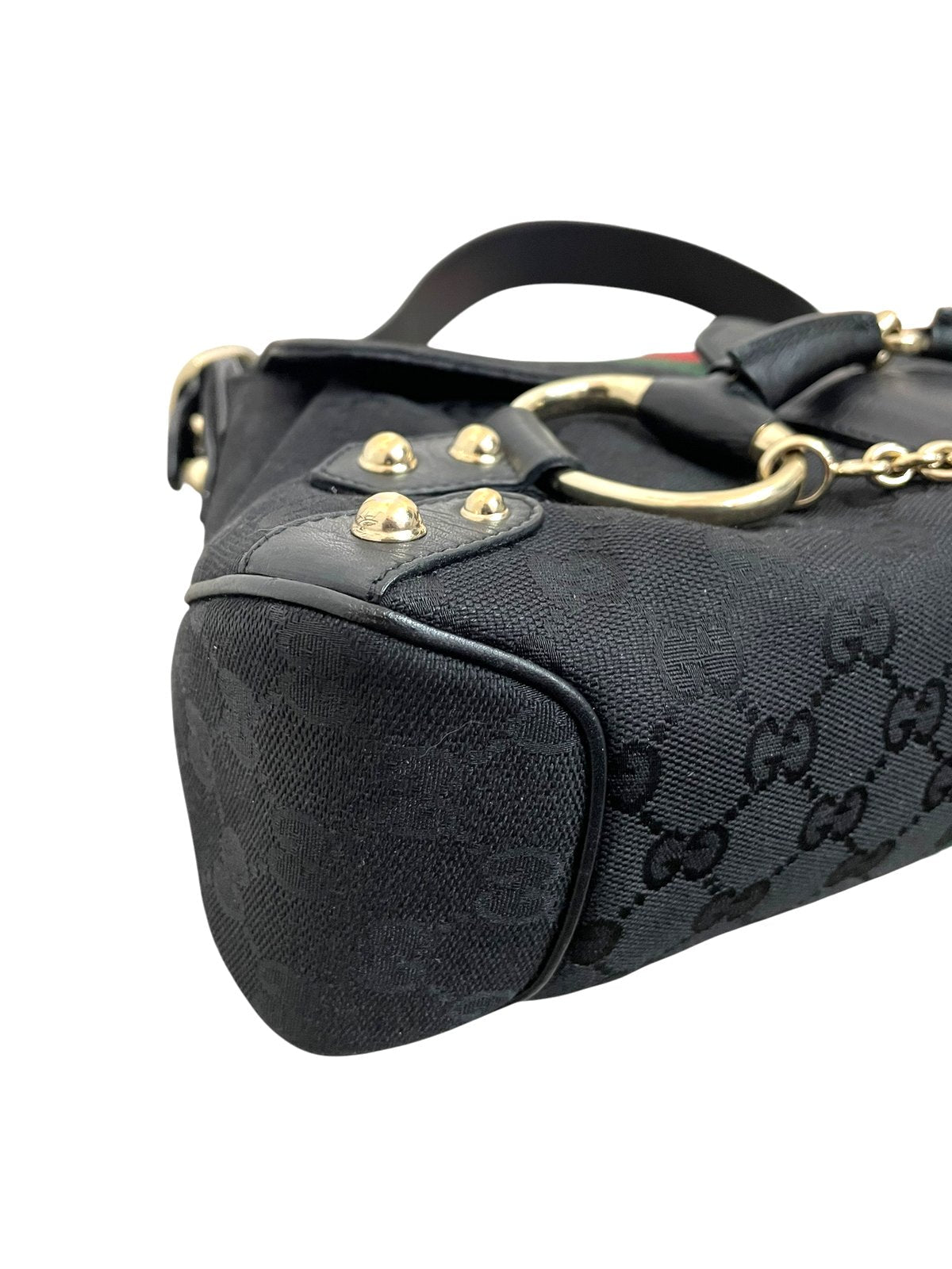 Gucci Horsebit borsa a spalla in tela GG nera e fascia web - AgeVintage
