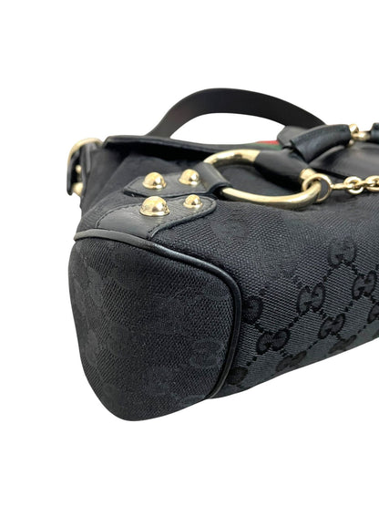 Gucci Horsebit borsa a spalla in tela GG nera e fascia web - AgeVintage