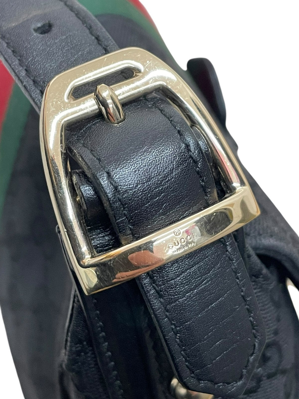 Gucci Horsebit borsa a spalla in tela GG nera e fascia web - AgeVintage