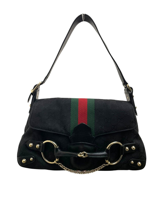 Gucci Horsebit borsa a spalla in tela GG nera e fascia web - AgeVintage
