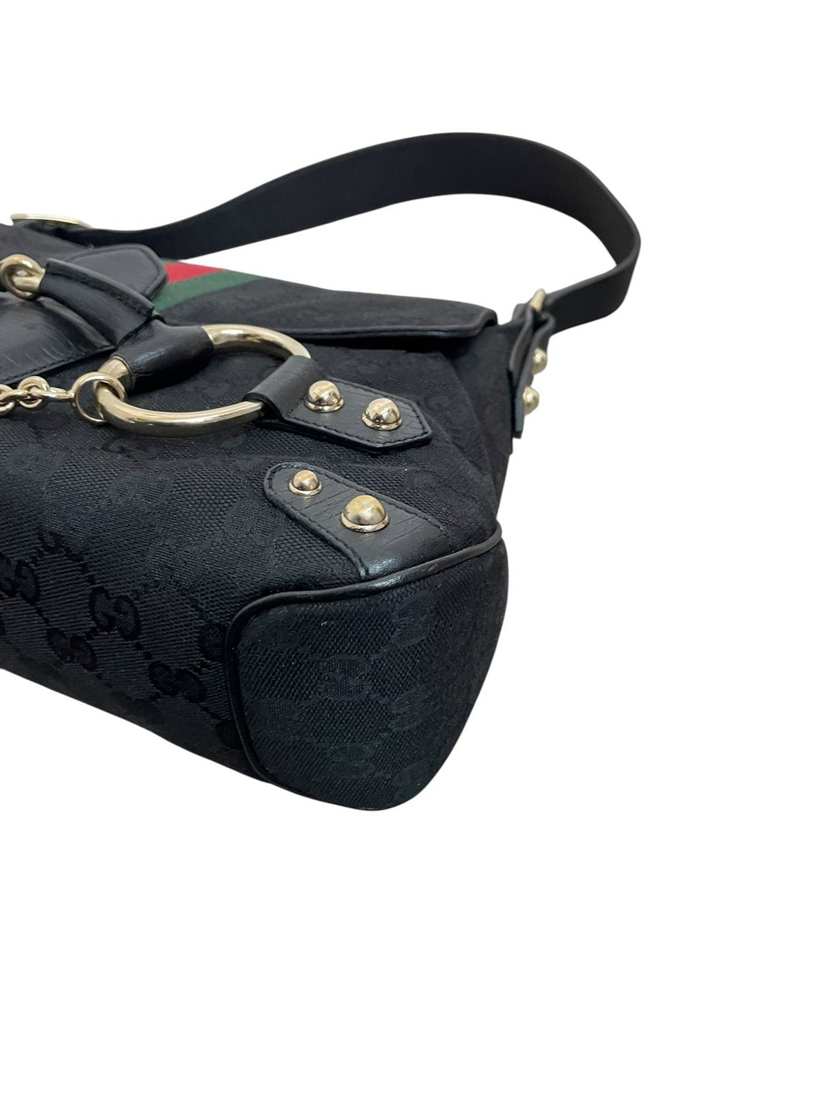 Gucci Horsebit borsa a spalla in tela GG nera e fascia web - AgeVintage