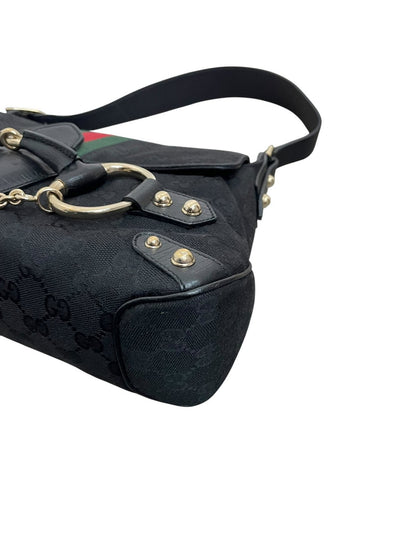 Gucci Horsebit borsa a spalla in tela GG nera e fascia web - AgeVintage