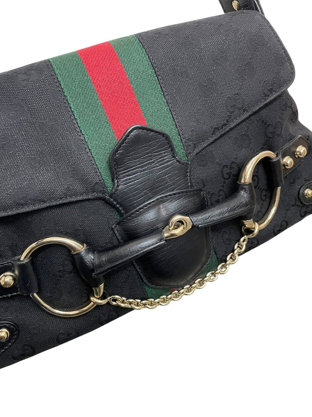 Gucci Horsebit borsa a spalla in tela GG nera e fascia web - AgeVintage