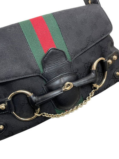 Gucci Horsebit borsa a spalla in tela GG nera e fascia web - AgeVintage