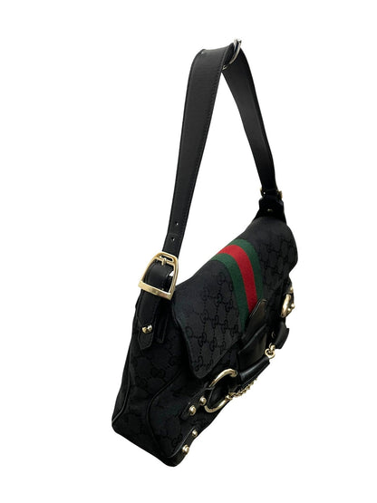 Gucci Horsebit borsa a spalla in tela GG nera e fascia web - AgeVintage