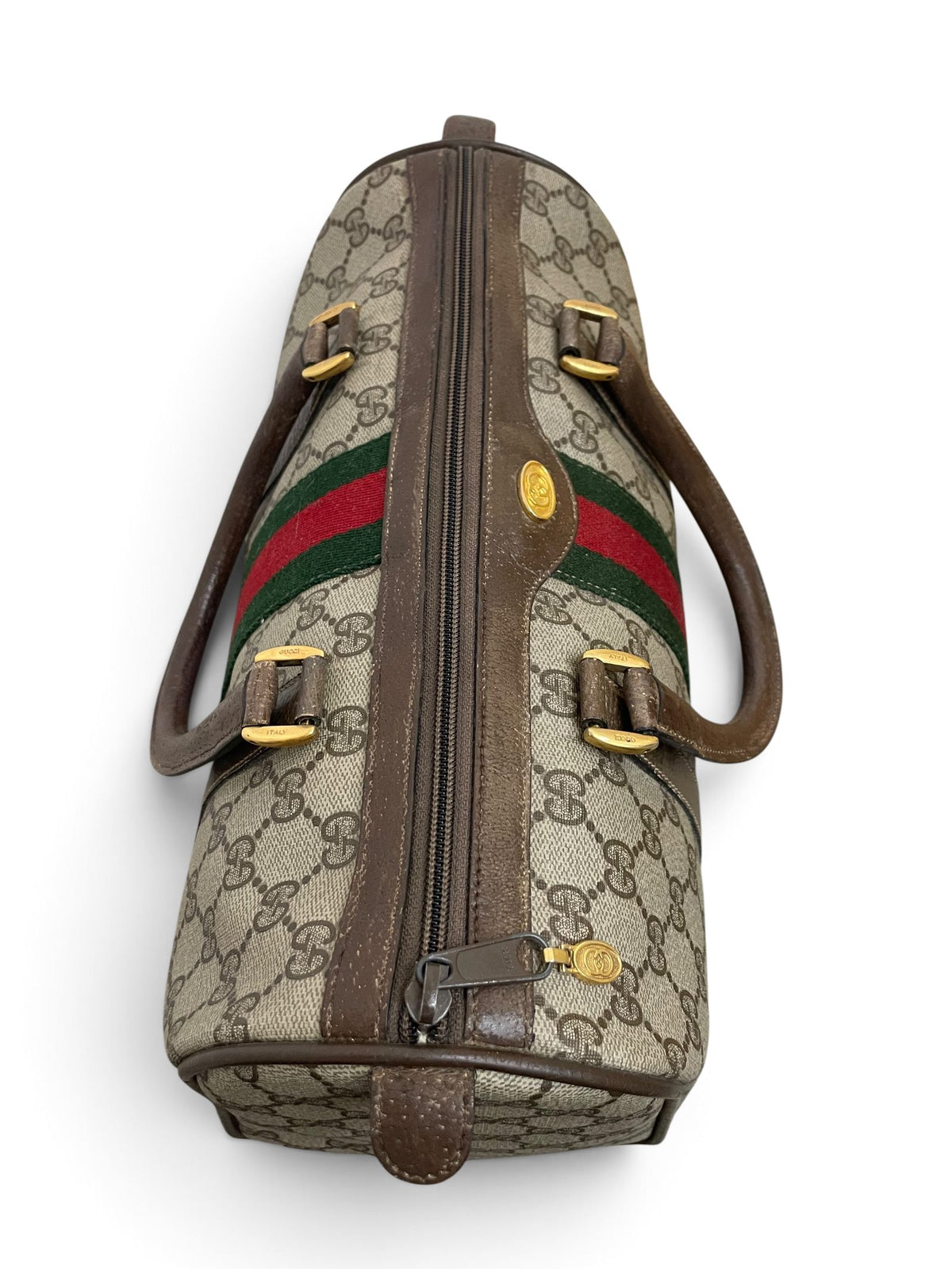 Gucci Ophidia Boston Bag vista dall'alto con zip e Web Stripe