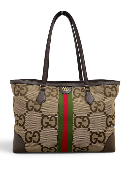 Fronte Gucci Ophidia Tote Jumbo GG beige marrone web stripe