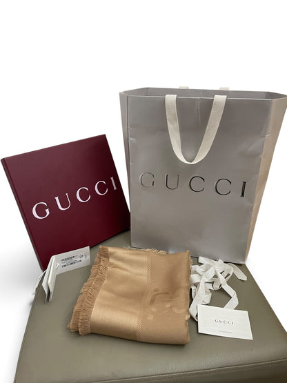 Gucci scialle cammello con scatola shopping bag e accessori originali
