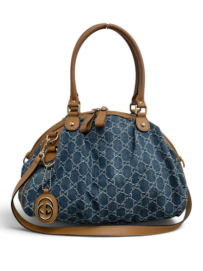 Gucci Sukey Bag denim GG Canvas blu con tracolla tan vista frontale