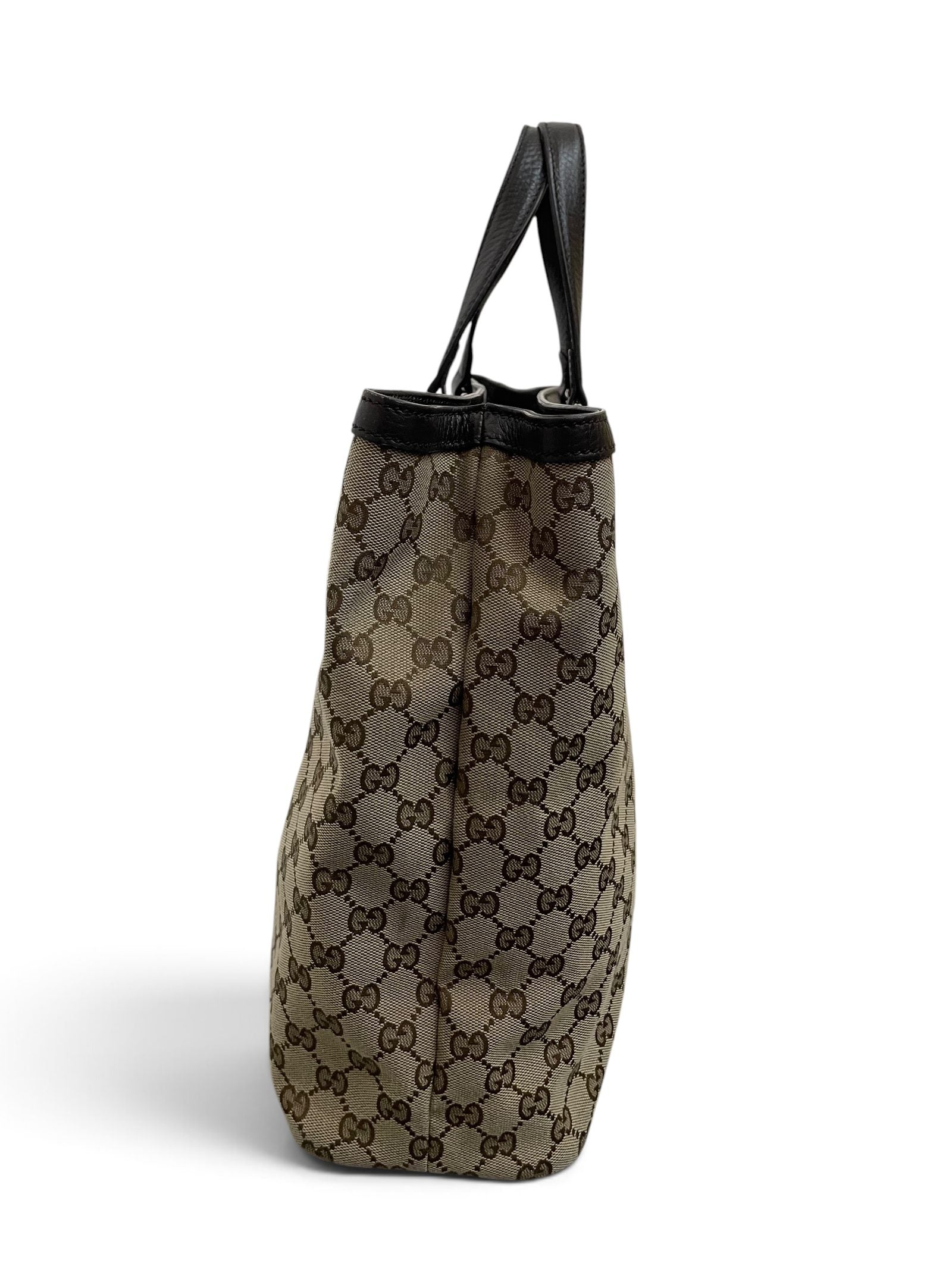 Profilo laterale borsa Gucci tote GG canvas marrone