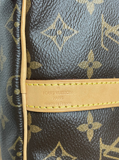 Dettaglio ravvicinato della tela Monogram e della striscia in pelle vacchetta con cuciture gialle