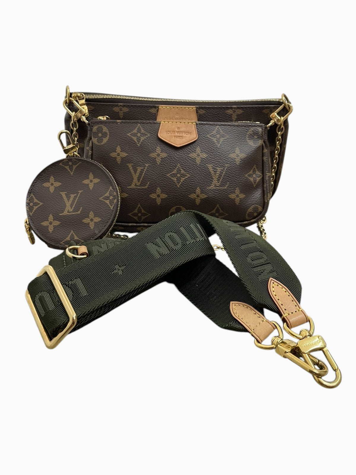 Borsa Louis Vuitton Multi Pochette Accessoires Monogram completa di tracolla verde, portamonete, catena e scatola originale