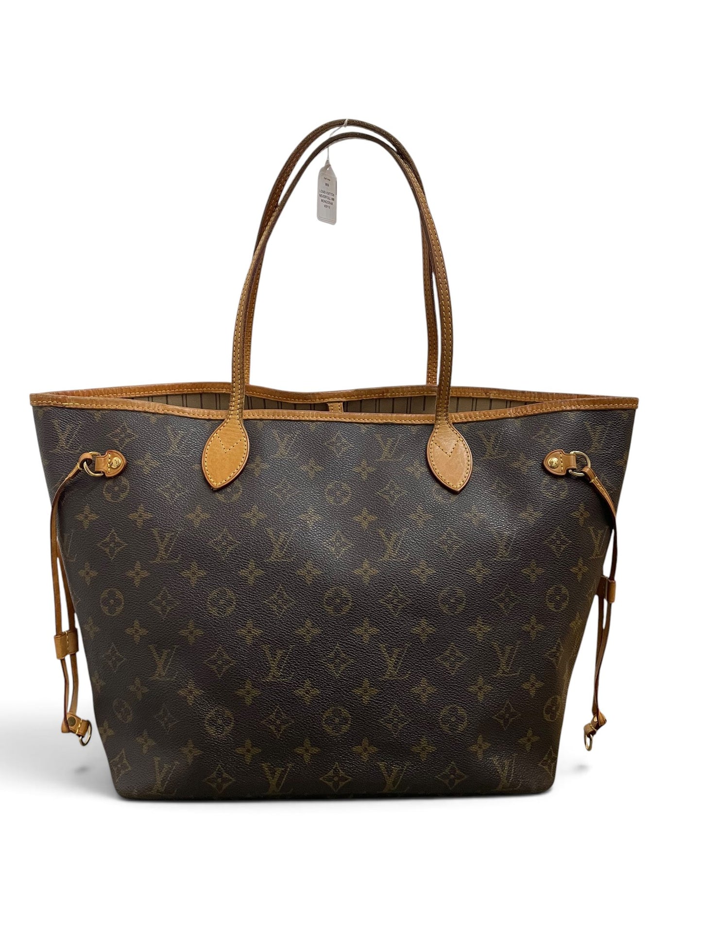 Louis Vuitton Neverfull MM monogram vista frontale con tag