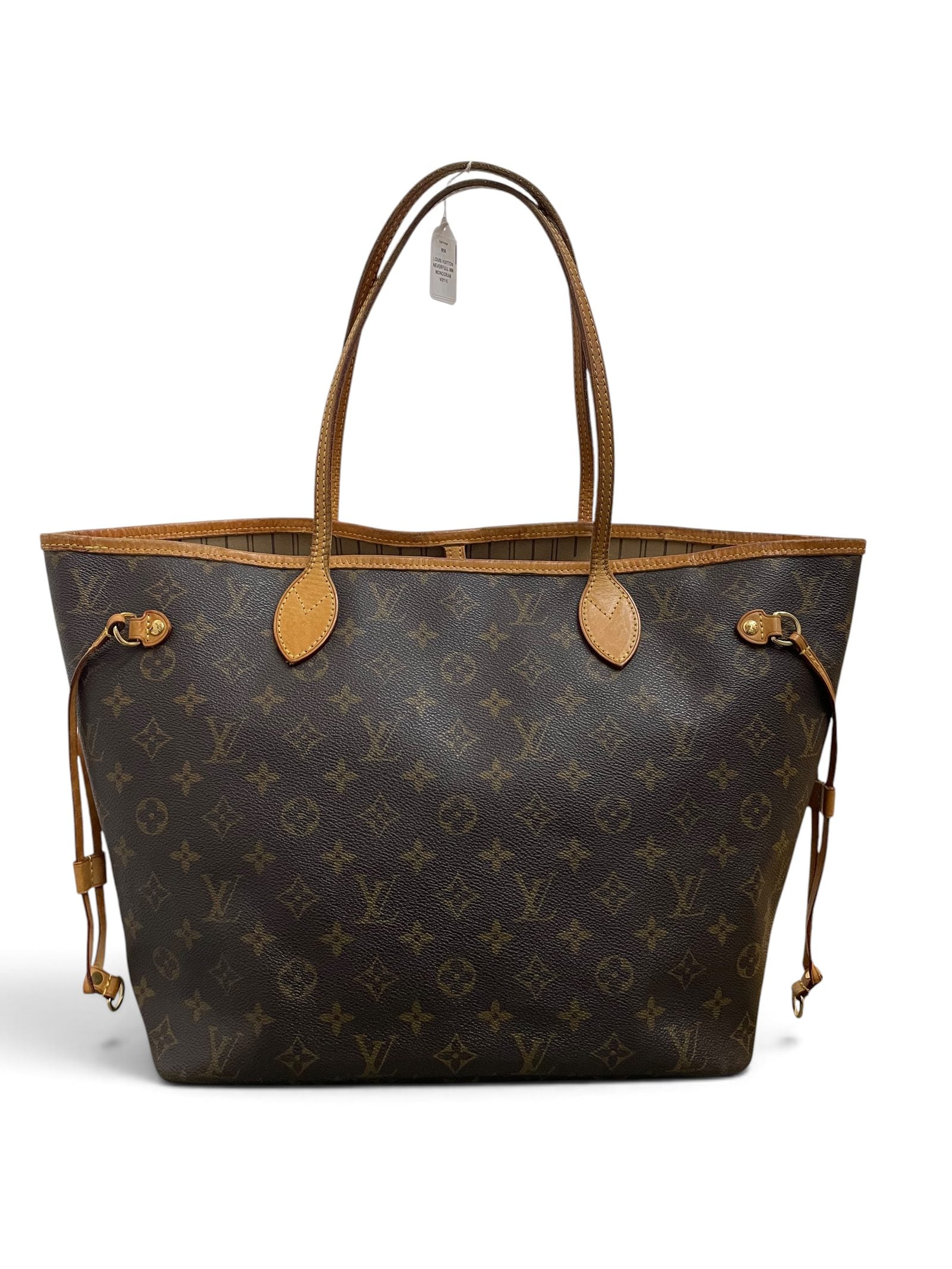 Louis Vuitton Neverfull MM monogram vista frontale con tag