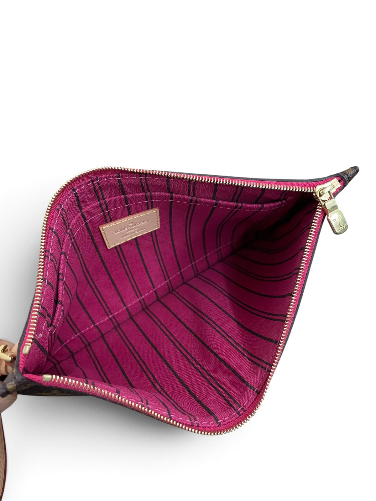 Interno Louis Vuitton Neverfull Pochette righe fucsia aperta