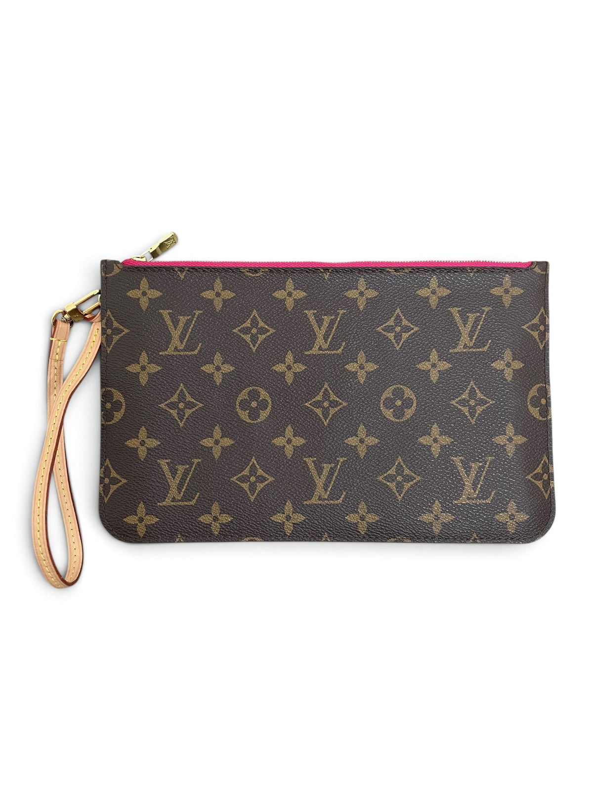 Louis Vuitton Neverfull Pochette Monogram Canvas zip fucsia fronte