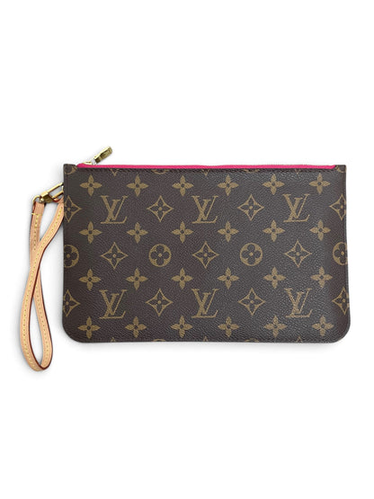 Louis Vuitton Neverfull Pochette Monogram Canvas zip fucsia fronte