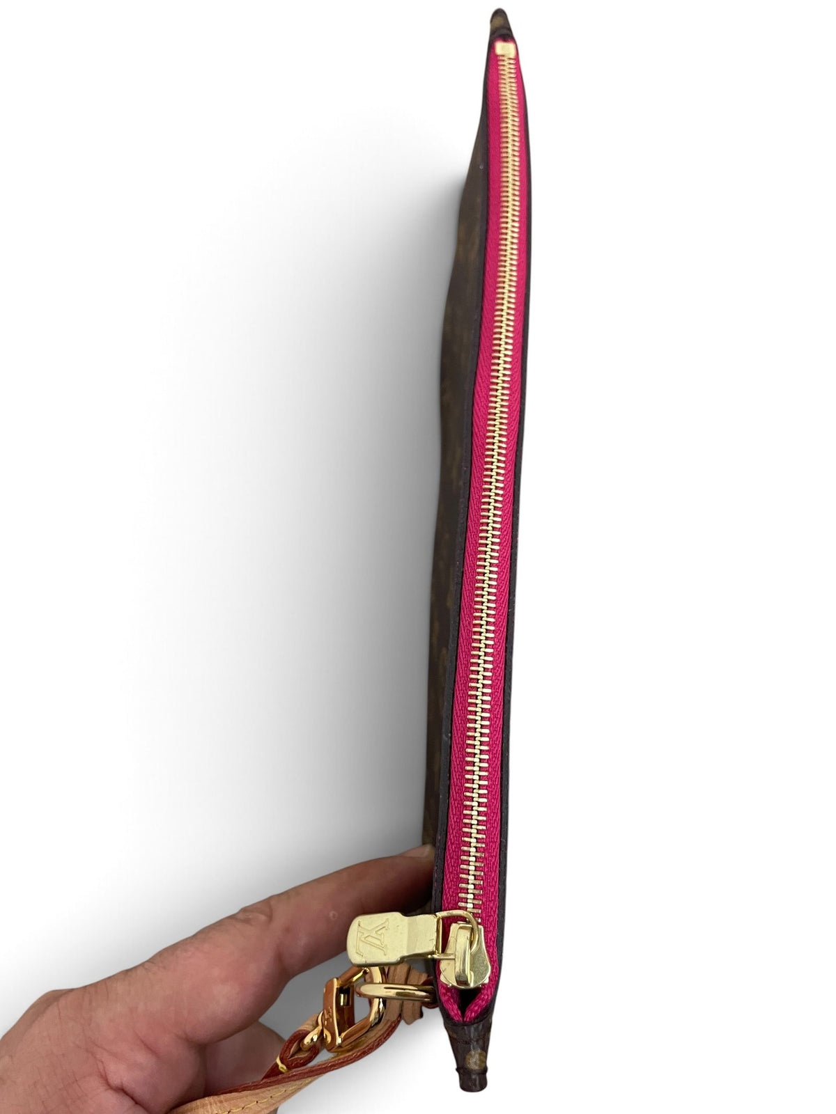 Louis Vuitton pochette Neverfull vista laterale zip fucsia