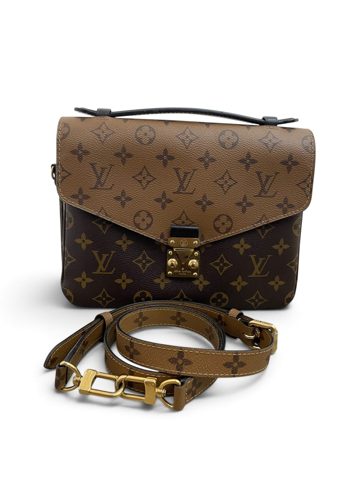 Louis Vuitton Pochette Métis Monogram Reverse vista frontale con tracolla