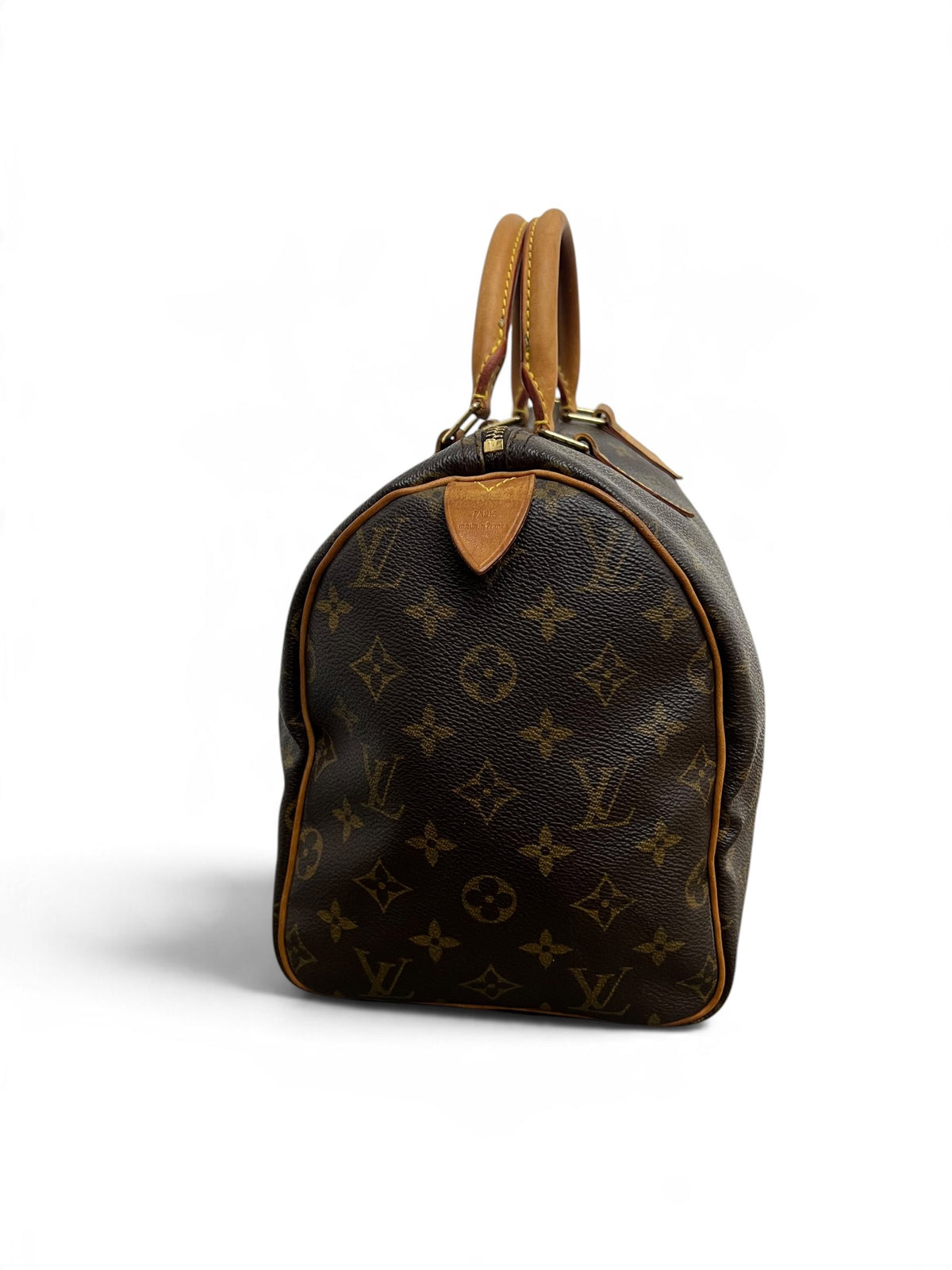Louis Vuitton Speedy 30 vista laterale sinistra con targhetta