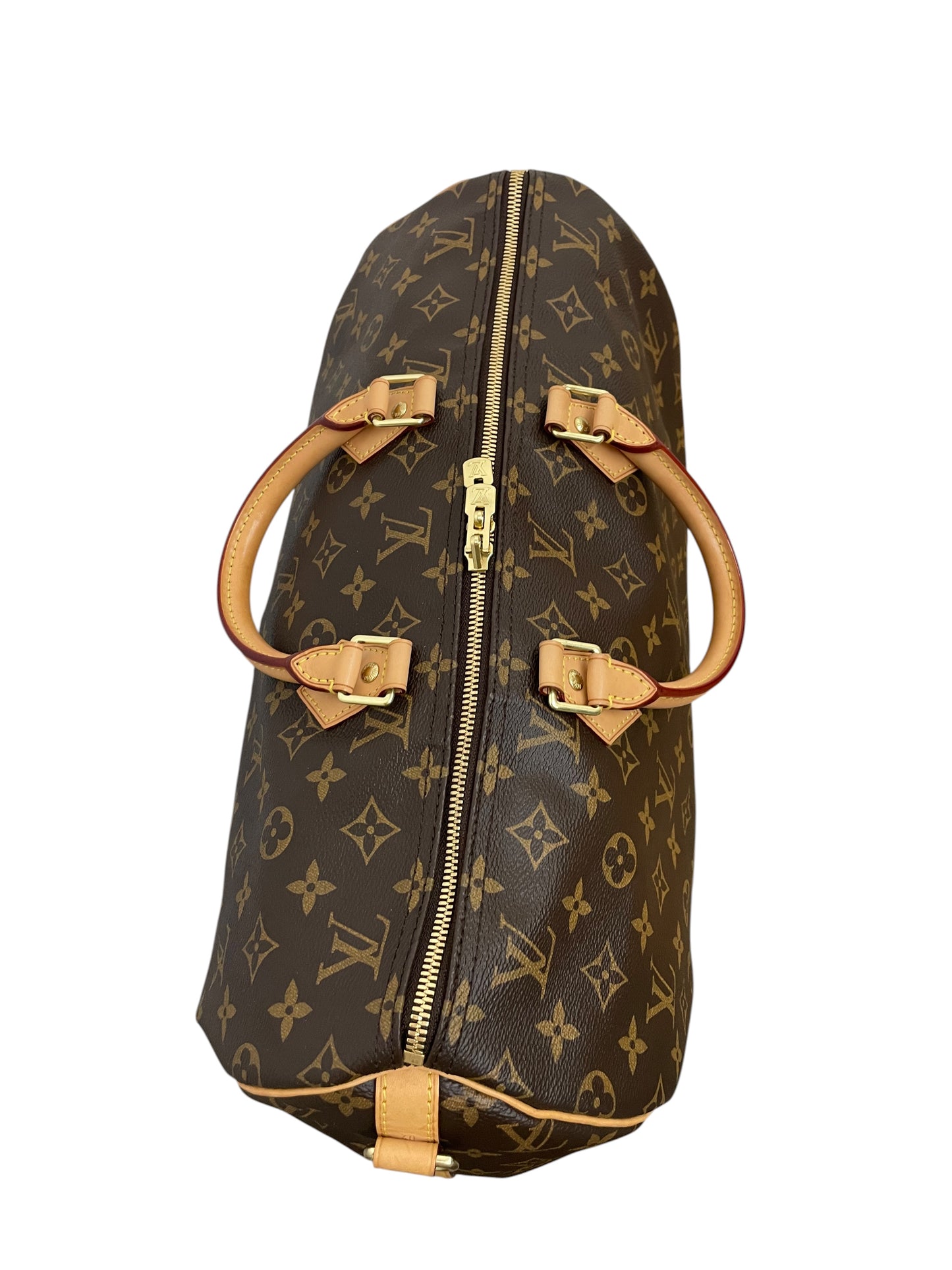 Dettaglio superiore della cerniera e dei manici di una Speedy Bandoulière 40 Louis Vuitton.