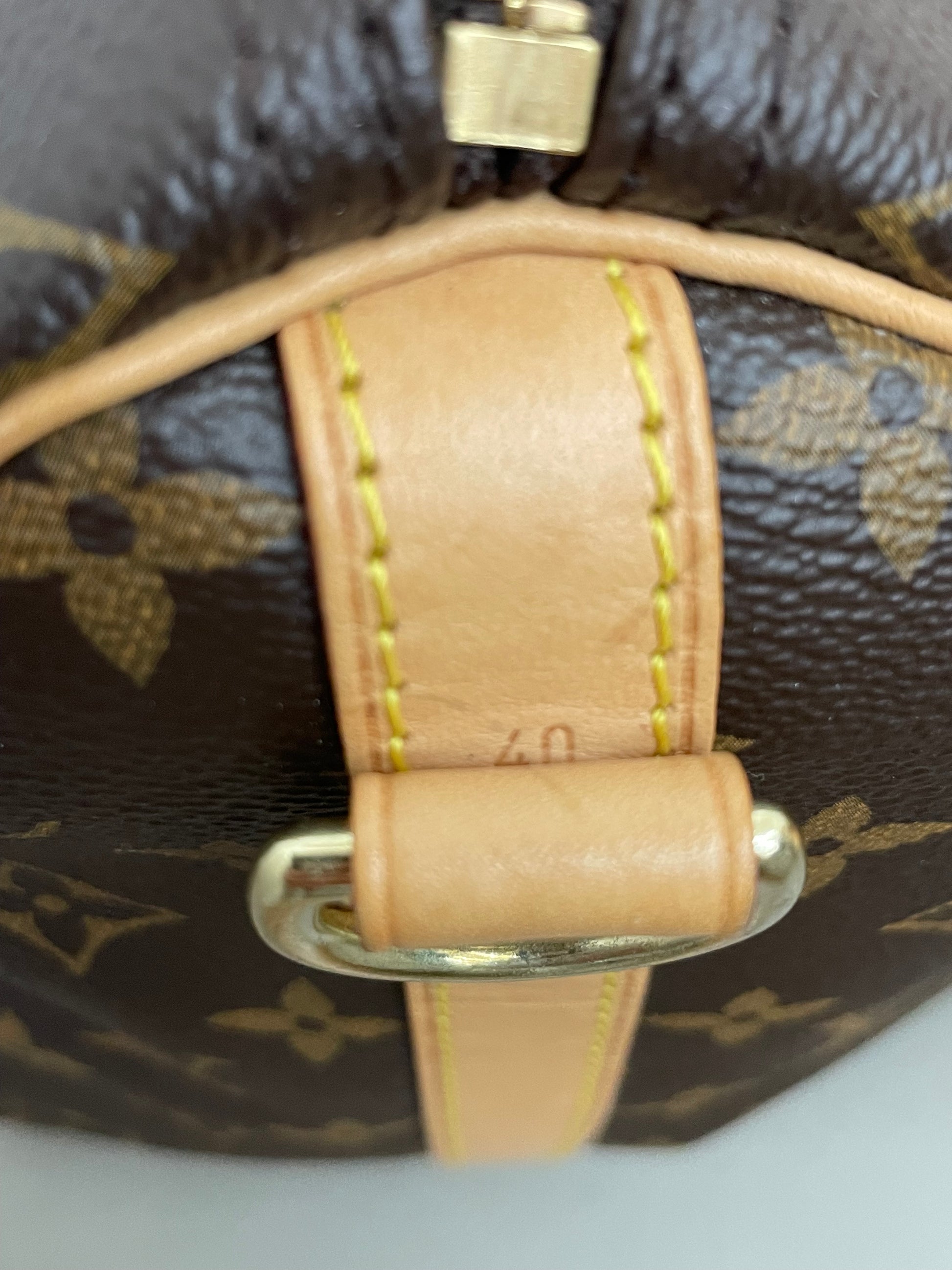 Primo piano della linguetta in pelle e dell'anello in metallo dorato per l'aggancio della tracolla Louis Vuitton.
