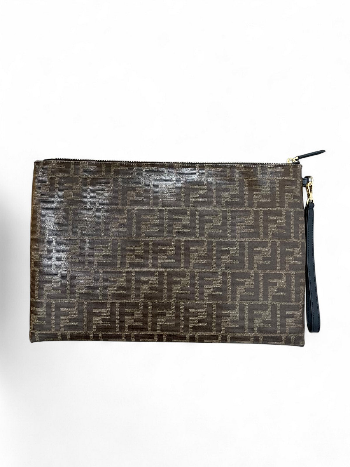 Retro della borsa a mano piatta Fendi in tela cerata marrone con motivo monogramma FF all-over
