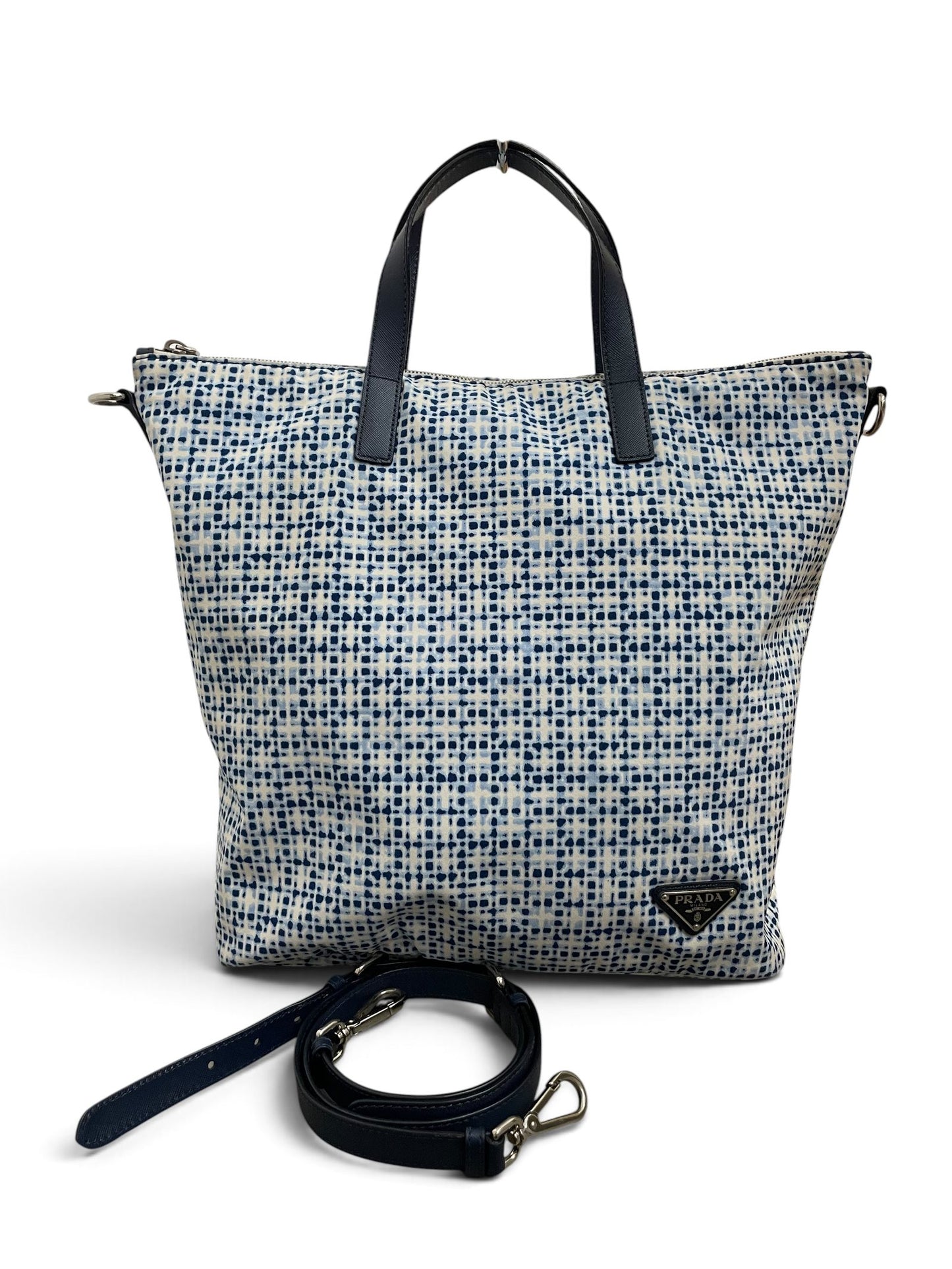Borsa Prada tote nylon blu bianco con tracolla fronte