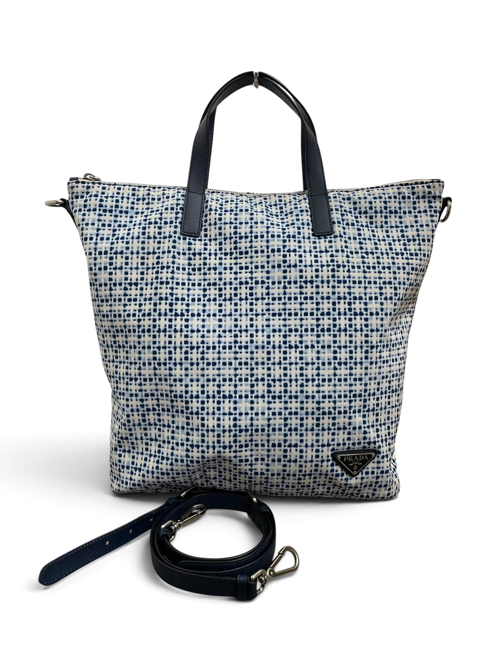 Borsa Prada tote nylon blu bianco con tracolla fronte
