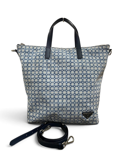 Borsa Prada tote nylon blu bianco con tracolla fronte